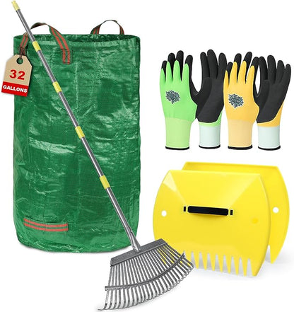 Leaf Cleanup Kit - Adjustable Metal Rake (36-73 in), 32-Gallon Self-Standing Yard/Garden Waste Bag with Support Hoop, Oversized Leaf Scoops (Leaf Claws) & 2 Pairs of Latex-Coated Gardening Gloves