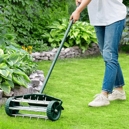 S AFSTAR Rolling Lawn Aerator with Fender, 18-Inch Hand-Push Lawn Aerator Roller W/50-Inch Anti-Slip Handle & Tine Spikes, Heavy-Duty Spike Soil Aeration Tool, Manual Lawn Aerator for Dirt Sand Clay