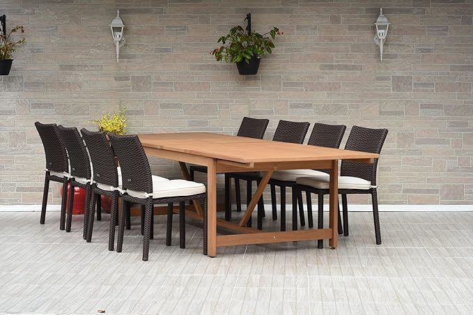 Amazonia Jefferson 9-Piece Patio Extendable Dining Table Set | Brown Wicker Chairs with Cushion | Ideal for Outdoors and Indoors