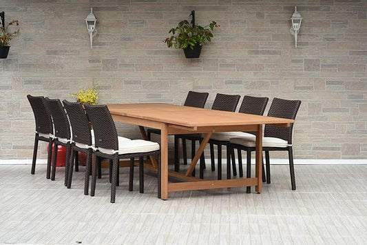 Amazonia Jefferson 9-Piece Patio Extendable Dining Table Set | Brown Wicker Chairs with Cushion | Ideal for Outdoors and Indoors