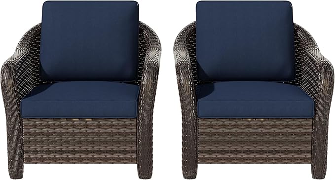 Vista Vibe Outdoor Patio Deep Seat Chairs Set of 2, Washable Cushions, Hand-Woven PE Rattan, All-Weather & Steel Frame, Garden, Bistro, Deck, Yard (Navy)
