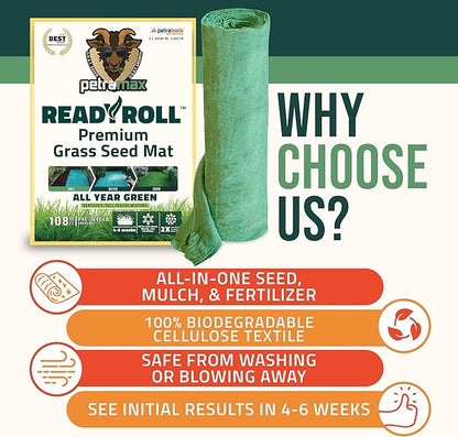 Petramax ReadyRoll Biodegradable Grass Seed Mat for Lawn (432 ft.) - All Year Green 3-in-1 Tall Fescue & Kentucky Grass Seed Rolls w/Mulch & Fertilizer - Lawn Repair Patch - Just Roll, Water, Grow