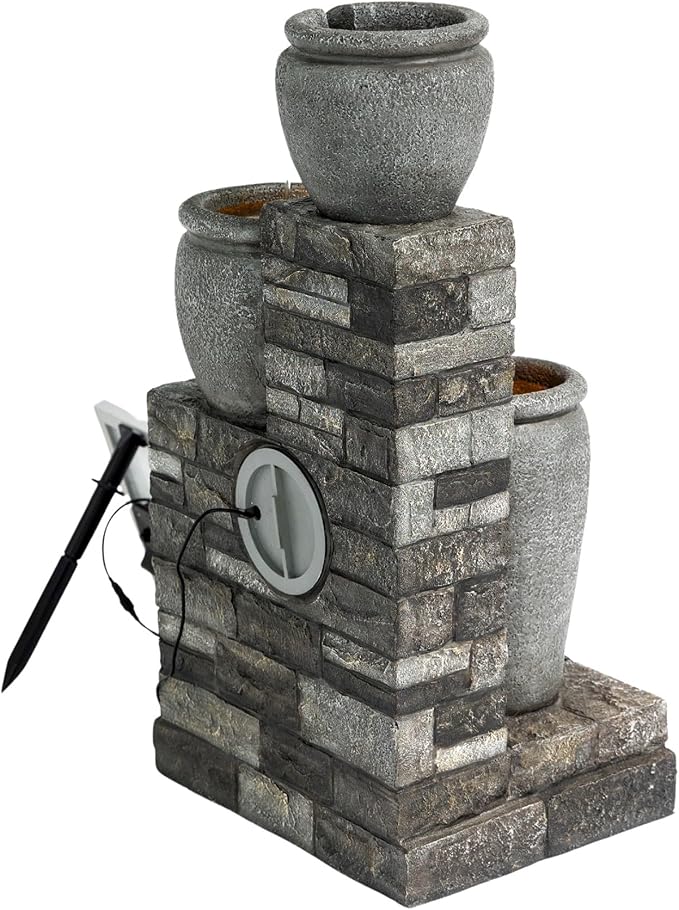 Teamson Home 30.7" 4-Tier Cascading Bowl Solar Powered Water Fountain for Outdoor Living Spaces, Gray