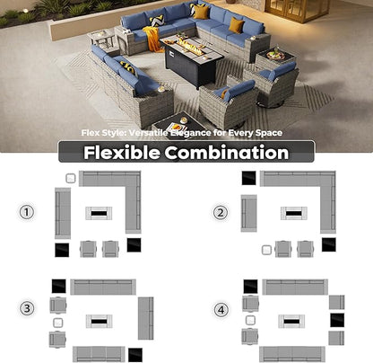 ovios 16 Pieces Patio Furniture Set, Outdoor Wicker Sectional Sofa with 54" Fire Pit Table Swivel Chairs, Modern Modular Deep Seat Rattan Couch Conversation Sets, Denim Blue