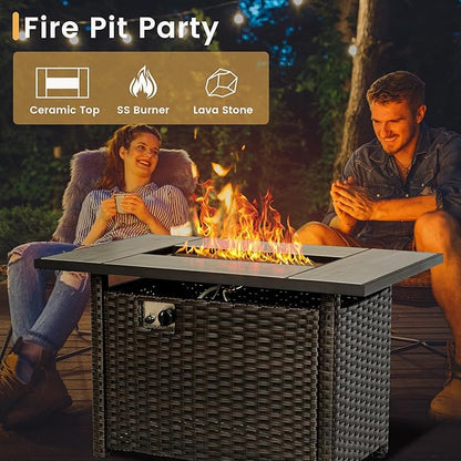 HOOOWOOO Patio Furniture Set,7 Piece Outdoor Furniture Set with Fire Pit Table,Wicker Patio Conversation Couch Swivel Chairs Ottoman Set,Orange Red