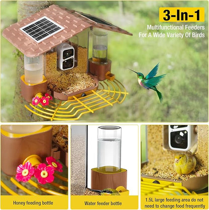 Aivituvin Smart Bird Feeder Camera with AI Identification, Solar Powered, Wireless Hummingbird Feeder with Food, Water, Honey, Present for Bird Lovers (Brown)
