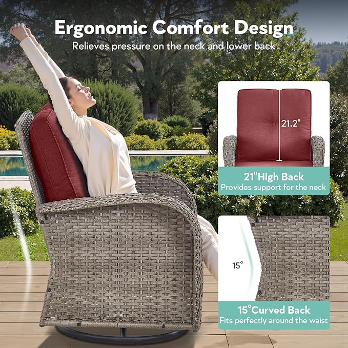 7 Piece Patio Furniture Set - Wicker Patio Conversation Set with Swivel Glider, 3 Seat Sofa, 2 Ottomans, Glass Side Table and Coffee Table for Deck Backyard - Grey Wicker Red Cushion