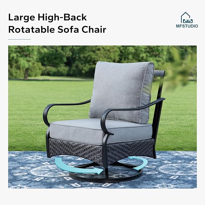 MFSTUDIO 4 Pieces Outdoor Patio Furniture Set, Metal Outdoor Conversation Set, Rattan Wicker Patio Sectional Sofa Set with 2 x Swivel Single Sofa, 2-Seat Sofa, 1 x Coffee Table, Grey