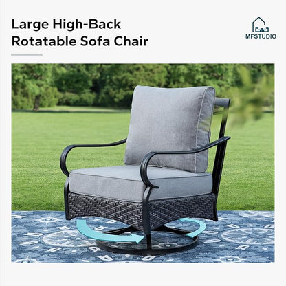 MFSTUDIO 4 Pieces Outdoor Patio Furniture Set, Metal Outdoor Conversation Set, Rattan Wicker Patio Sectional with 2 x Swivel Single Sofa, 3-Seat Sofa, 1 x Coffee Table, Grey