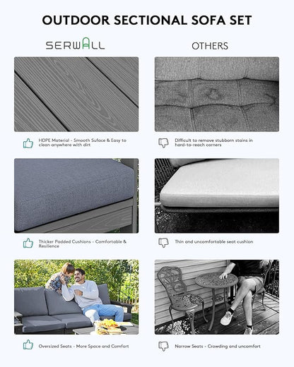 SERWALL HDPE Patio Sofa Set, 4-Piece Sectional Outdoor Furniture Set, All Weather Outdoor Couch Set Patio Furniture Set for Deck, Lawn, Grey Frame with Grey Cushion