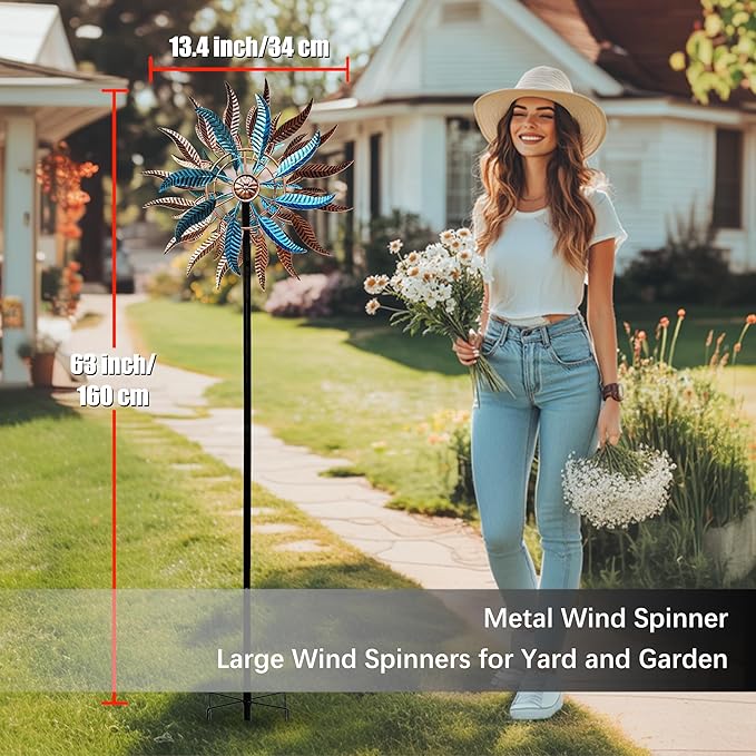 Large Outdoor Metal Wind Spinner,Two-Way Wind Sculptures,360 Degrees Kinetic Wind Spinners Yard Art Decor for Patio, Lawn & Garden 63 * 13.4 Inches