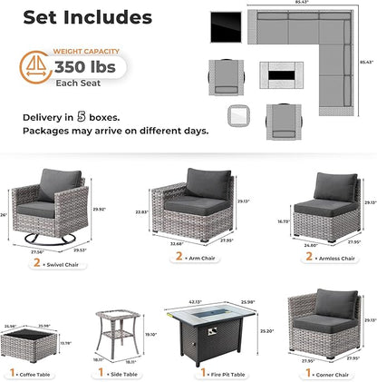 ovios 10 Pieces Patio Furniture Set, Outdoor Wicker Sectional Sofa with 42" Fire Pit Table Swivel Chairs, Modern Modular Deep Seat Rattan Couch Conversation Sets, Black