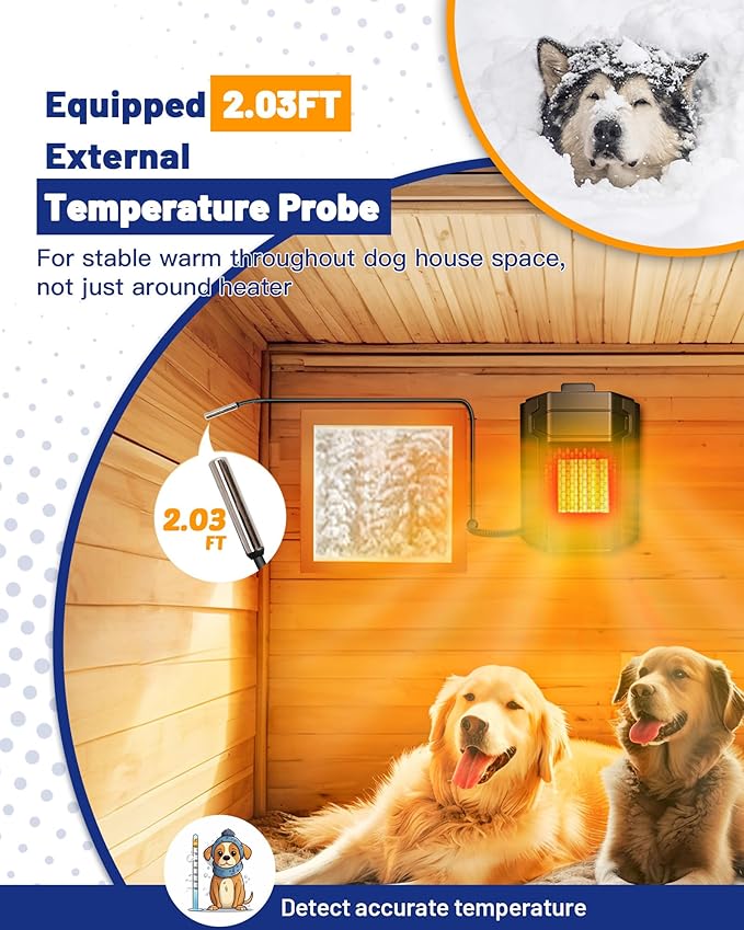 Kiroto Outdoor Dog House Heater With Thermosta - 500 Watt WiFi-Controlled with for Outside Dog House Outdoor with 2.03FT External Temperature Probe Pet Heater For Doghouse