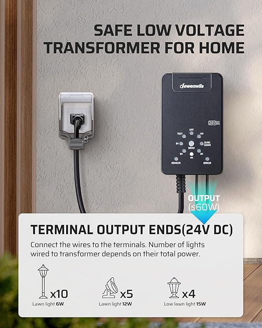 DEWENWILS 60W Low Voltage Landscape Transformer 120V AC to 24V DC, Outdoor Landscape Lighting Transformer Photocell Sensor & Timer, Weatherproof Low Voltage Transformer for Spotlights Pathway Lights