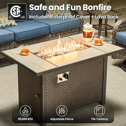 ovios 5 Pieces Patio Furniture Set, Outdoor Wicker Sofa Couch with Swivel Chairs 42" Fire Pit Table, High Back All Weather Modern Conversation Sets, Grey Rattan, Denim Blue