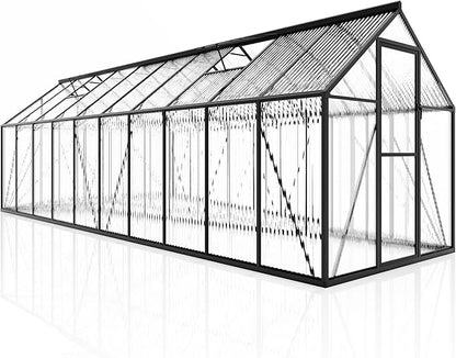 Jocisland 6x20Ft Polycarbonate Greenhouses for Outdoors, 2 Top-Opening Windows, Swing Doors, Aluminum Walk-in Heavy Duty for Outdoor Use, Backyard Garden, Black