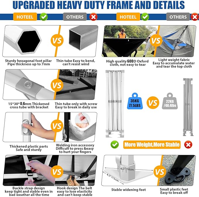 HOTEEL 10x20 Pop up Canopy Tent for Parties, Heavy Duty Easy Setup Tent with 6 Sidewalls, Outdoor Commercial Instant Gazebo for Wedding Event, with Roller Bag & Sand Bags, Grey(Hexagonal Frame)