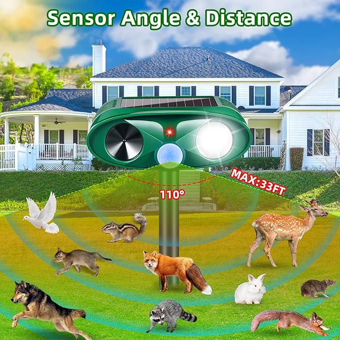 4 Pack Solar Ultrasonic Animal Repellent Outdoor Squirrel Raccoon Fortress Pro,Cat Deer Repellent with Motion Sensor & Strobe Light,Waterproof Dog Rabbit Deterrent for Garden Yard