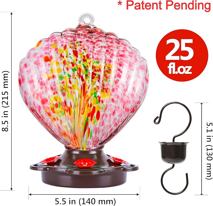 LUJII Seashell Shaped Hand Blown Glass Hummingbird Feeder for Outdoors Hanging, Rust Proof & Leak Proof, 25 fl.oz, Unique Gardening Gift for Friends, Garden & Backyard Decor, Purple