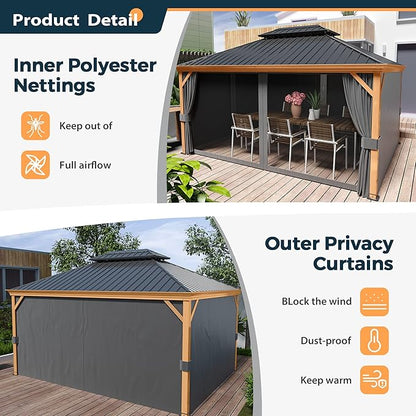 HAPPATIO 12' x 16' Hardtop Gazebo, Outdoor Wood Grain Frame Aluminum Gazebo, Double Roof Permanent Patio Canopy with Netting and Curtains for Garden, Patio, Lawns, Parties (Grey)