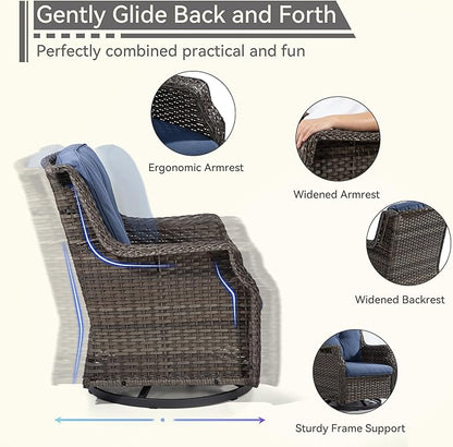 Swivel Patio Chair Outdoors - 360 Degree, Set of 2, Glider Chair with 3.5" Olefin Fabric Cushions (Mixed Grey Rattan/Navy)
