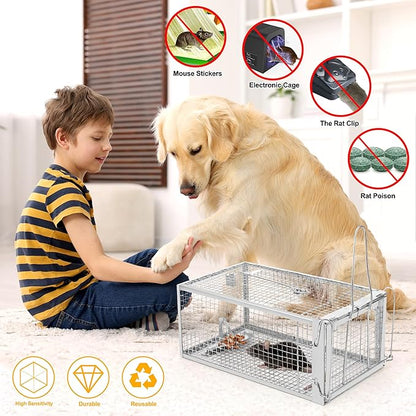 2 Pack Humane Rat Traps - Live Mouse Rat Cage Traps Catch and Release for Indoor Outdoor, Small Animals Traps, Easy to use(12.6''*5.5''*4.7'')