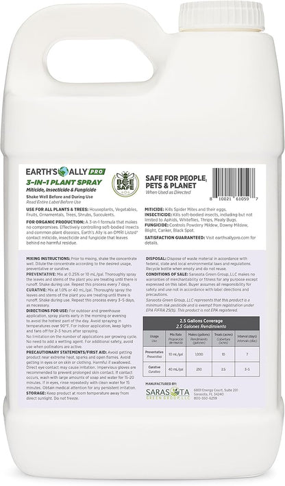 Earth's Ally Pro 3-in-1 Plant Spray 2.5 gal Super Concentrate | Insecticide, Fungicide & Spider Mite Control, Use on Indoor Houseplants and Outdoor Plants, Gardens & Trees - Insect & Pest Repellent