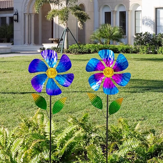Viveta 2 Pack Garden Wind Spinners, 35.4 "Flower Metal Windmill,Pink and Blue Wind Sculpture,Pinwheels for Yard and Garden