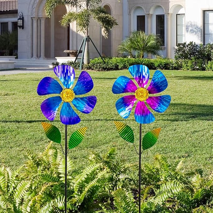 Viveta 2 Pack Garden Wind Spinners, 35.4 "Flower Metal Windmill,Pink and Blue Wind Sculpture,Pinwheels for Yard and Garden