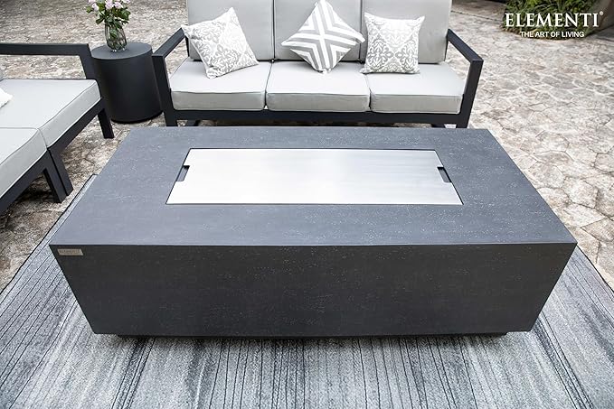 Elementi Andes Propane Gas Fire Pit Table Bundle - Cast Concrete with Concealed Pullout Tank Storage Drawer | Electronic Ignition | Canvas Cover, Lava Rock Included | Dark Gray