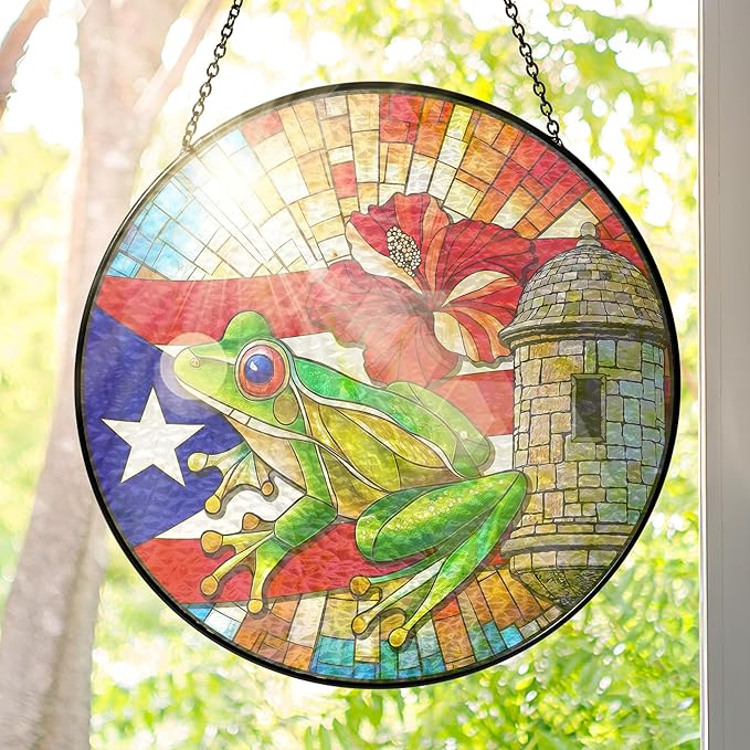 FLAGWIX Christmas Puerto Rico Gifts - Stained Glass Window Hanging 8 in - Puerto Rican Gifts for Women Men, Coqui Sun Catchers Indoor, House Warming Gift for Mom Dad Friend, Christmas Decorations