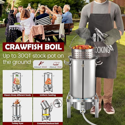 ARC 32QT Stainless Steel Stock pot with 55,000BTU Propane Burner, 6-Piece For Seafood Boil Pot with Basket and Steamer Rack,Cookware for Crawfish Crab Shrimp Lobster Boiling Pot, Turkey Fryer Pot