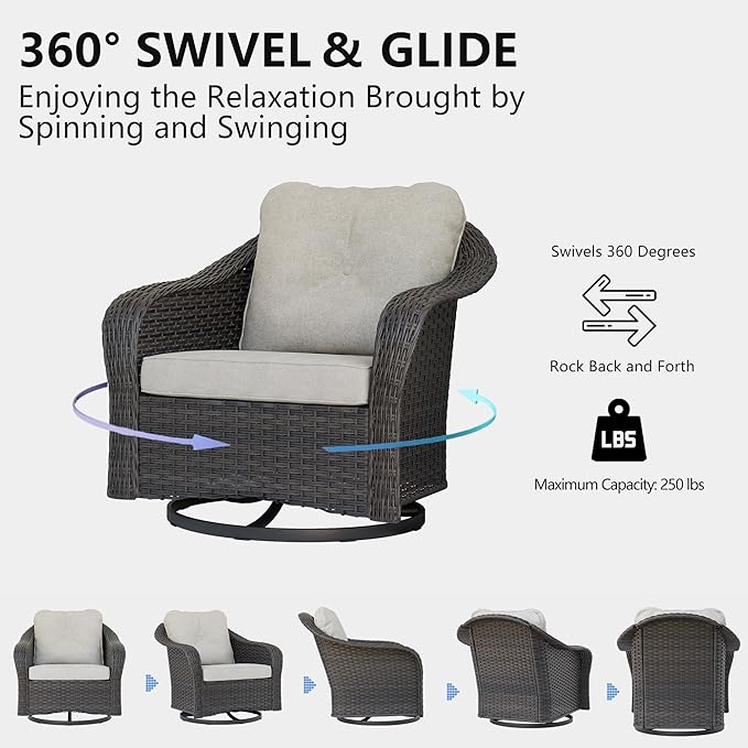 Wicker Swivel Rocking Chairs Set 2 with Storage Side Table - Outdoor Brown Wicker Swivel Glider Chair Outdoor Rocking Chair with Water-Resistant Cushions, Beige