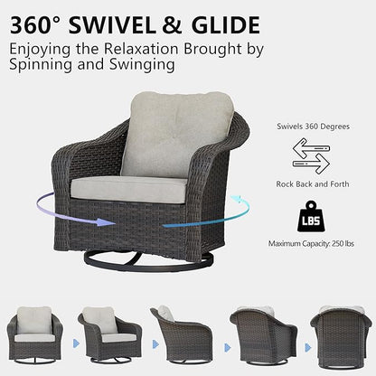 Wicker Swivel Rocking Chairs Set 2 with Storage Side Table - Outdoor Brown Wicker Swivel Glider Chair Outdoor Rocking Chair with Water-Resistant Cushions, Beige