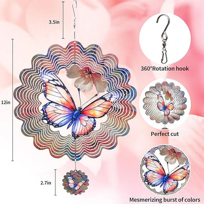 3D Butterfly Wind Spinner for Outdoor Decor, 12 Inch Stainless Steel Metal Wind Sculpture, Weatherproof Garden Art for Yard, Patio, Unique Moving Spinner for Bird Lovers