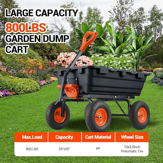 800Lb Heavy-Duty Poly Dump Garden Cart with Steel Frame, Utility Wagon with 10" Tires & Quick-Tilt System for Yard, Beach & Landscaping, Black