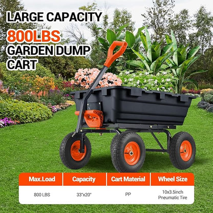 800Lb Heavy-Duty Poly Dump Garden Cart with Steel Frame, Utility Wagon with 10" Tires & Quick-Tilt System for Yard, Beach & Landscaping, Black