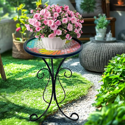 HONGLAND Outdoor Mosaic Side Table, 12" Small Outdoor Table, Round Patio Side Table End Table, Glass Plant Stand, Small Bistro Coffee Table for Garden Patio Porch Living Room （Hummingbird）