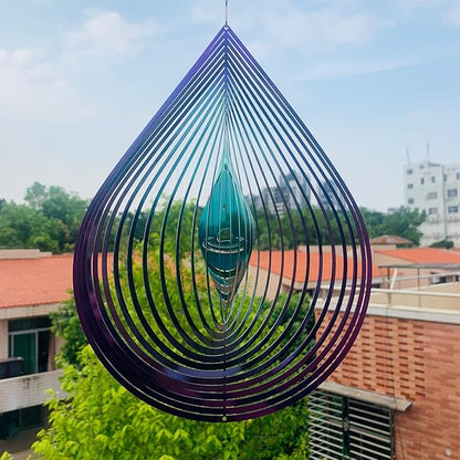 Wind Spinner Garden Indoor Outdoor Decor 3D Stainless Steel Metal Hanging Decorations, 3D Water Droplets Pattern Metal Wind Sculptures & Spinners Whirligig Gifts with 12inch(Green&Purple)