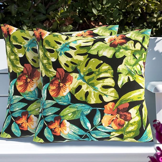 Throw Pillow Covers Set of 2,Outdoor Indoor Waterproof Decorative Patio Throw Pillowcase Shell 18x18 Inch, Square Cushion Case for Couch Sofa Garden Farmhouse Decoration-Tropical Green Leaves