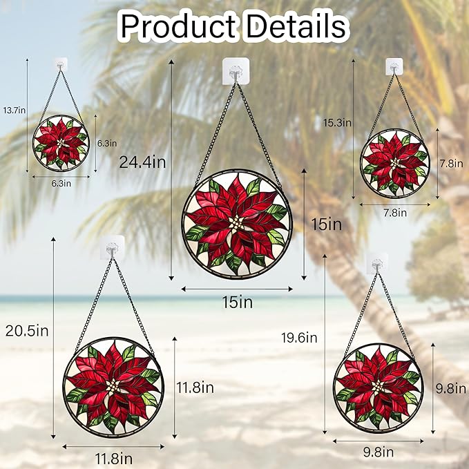 Stained Glass Window Hanging - Red Poinsettia Birth Flower Suncatcher for Door Garden Yard Sun Catchers Decor Christmas Mother's Day Birthday Gifts for Women Mom Nana Friend Men 6.3 in