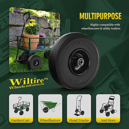 (2 Pack) 4.10/3.50-4 Flat Free Tire and Wheel 10-Inch Solid Wheel Replacement with 5/8 Extra 3/4 &1/2 Bearings,2.2" Offset Hub -Compatible with Hand Truck,Wheelbarrow(Wave,Black)