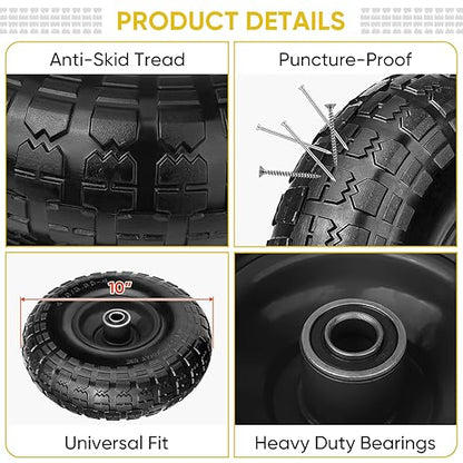 TICONN 4.00-6 Tire and Wheel Flat Free, 2 Pack 13" Solid Tires with 5/8" Axle Bore Hole and Double Sealed Bearings, Perfect for Wheelbarrow, Garden Cart, Wagon, Dolly (Black, 2PK)
