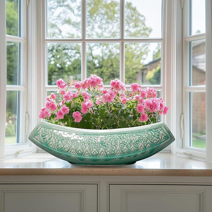Bonsai Tree Pot - 18 Inch Ceramic Succulent Pots for Indoor Outdoor, Large Bonsai Planter with Drainage Hole, Ceramic Flower Pot, Decorative Planter, Gifts for Plant Lovers, Room Decor, Green