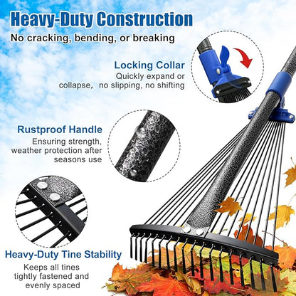 Rake for Leaves: Adjustable Metal Leaf Rake for Lawn, 8-17" Expandable Head, 65” Long Handle,Collapsible Heavy Duty Women Kids Garden Rakes for Yard Pine Needles Mulch Grass Debris Gardening Camping