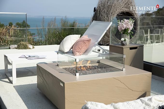 Elementi+ | Bundle Uluru Gas Fire Pit Cast Concrete 40" Square Fire Table, Outdoor Fire Pit Electronic Ignition | Canvas Cover, Fire Glass and Burner Lid Included | Sunlight Yellow | Natural Gas