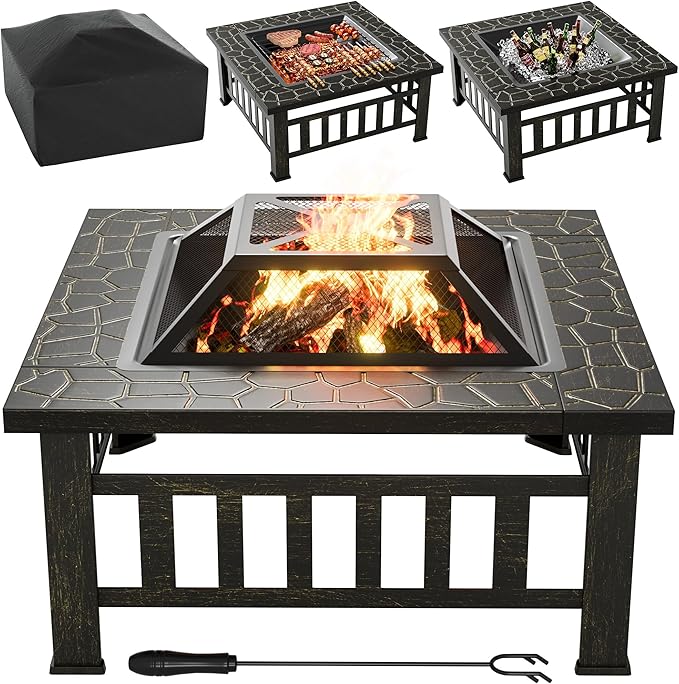 Flamaker Outdoor Fire Pit 32 Inch Firepit Tables Backyard Mutifunctional Square Metal Stove Wood Burning with Cover Poker for Patio, Camping, Bonfire (Bronze)