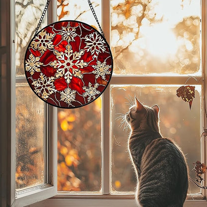 Stained Glass Window Hanging 4 Pcs Set Red Christmas Elk Snowflakes Large 15" - Deer Suncatcher Door Garden Sun Catcher Decor Birthday for Mom Woman Nana Men Friend