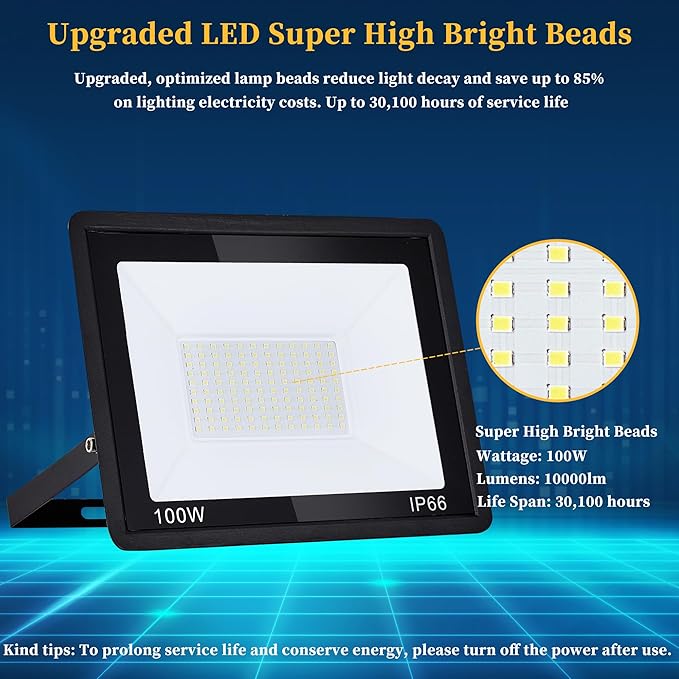 4 Pack 100W LED Flood Lights Outdoor, 10000 LM Super Bright Security Lights, Portable IP66 Waterproof LED Work Light with Plug, 6000K Daylight White Floodlights for Garage Yard Garden Playground