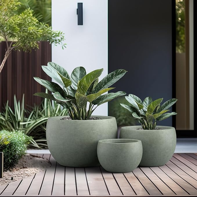 Kante 19.9",15.7",11.8" Dia Round Concrete Planter Set of 3, Outdoor/Indoor Large Bowl Plant Pots with Drainage Hole and Rubber Plug for Garden Patio Balcony Home, Mint Green